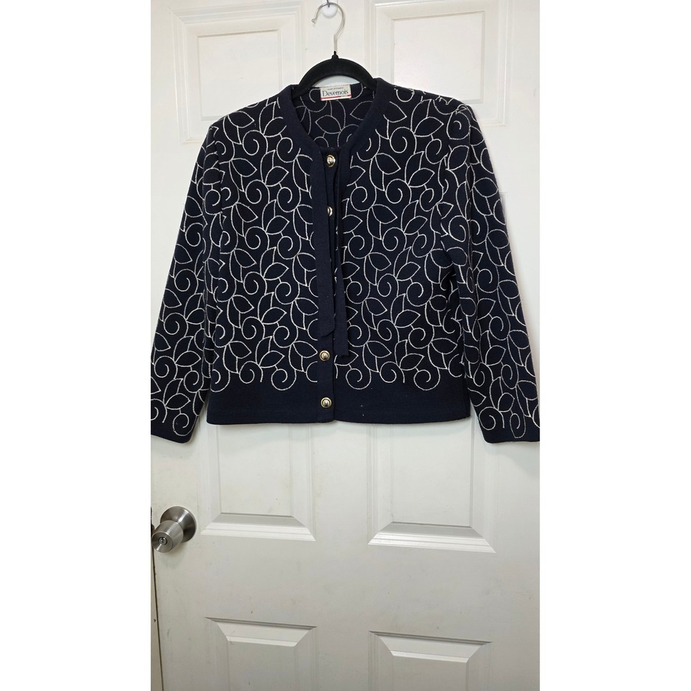 Devernois Paris Cardigan Sweater Womens 12 Navy‎ Blue Wool Blend Embroidered